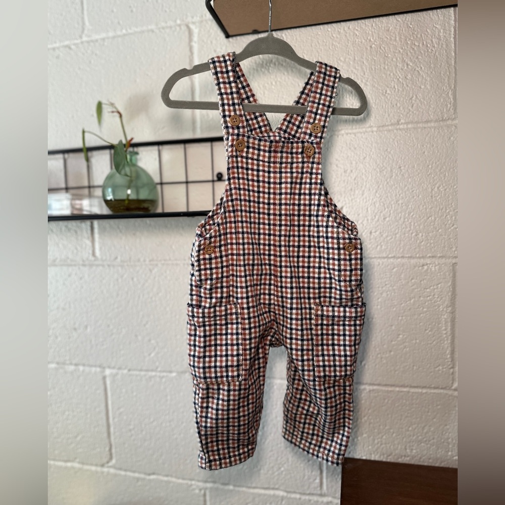 Little Planet Brown and Blue Plaid Overalls for baby